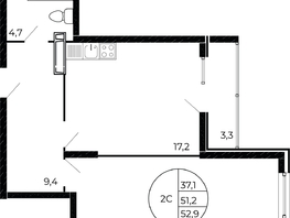 Продается 2-комнатная квартира ЖК Флора, литера 1.2, 52.35  м², 7433700 рублей
