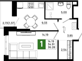 Продается 1-комнатная квартира ЖК Октябрь Парк, 5.1, 36.28  м², 4934080 рублей