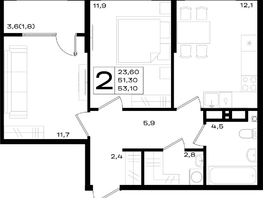 Продается 2-комнатная квартира ЖК Придонье, литер 3.1, 53.1  м², 6478200 рублей