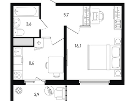 Продается 1-комнатная квартира ЖК 5 элемент Аске, лит 5-12 стр.2, сек.3,4,5,6, 35.1  м&sup2;, 5823090 рублей